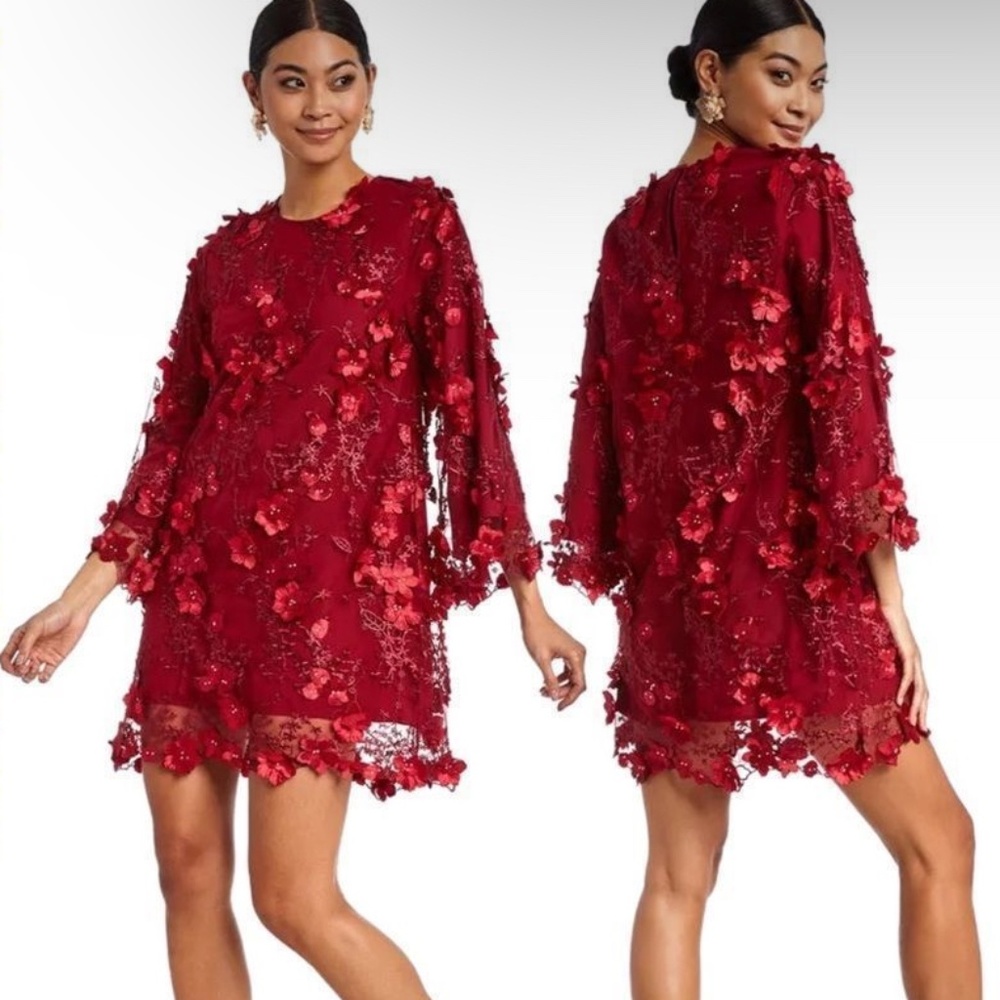 MESTIZA FLORAL MINI DRESS 3D PRINT IN DEEP RED NWT PERFECT FOR THE HOLIDAYS!